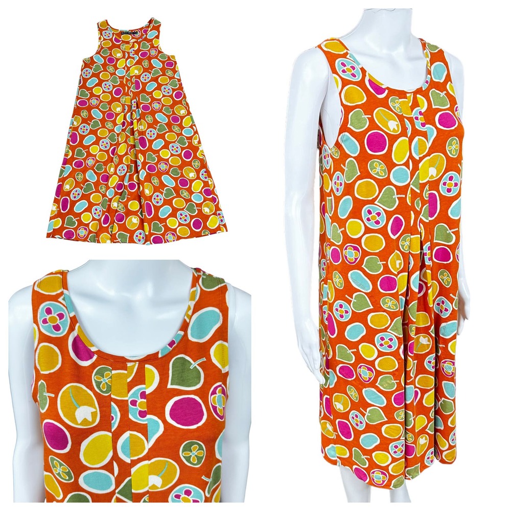 Gudrun Sjogen Sleeveless Dress Small Orange Floral Pleats Pockets Organic Cotton
